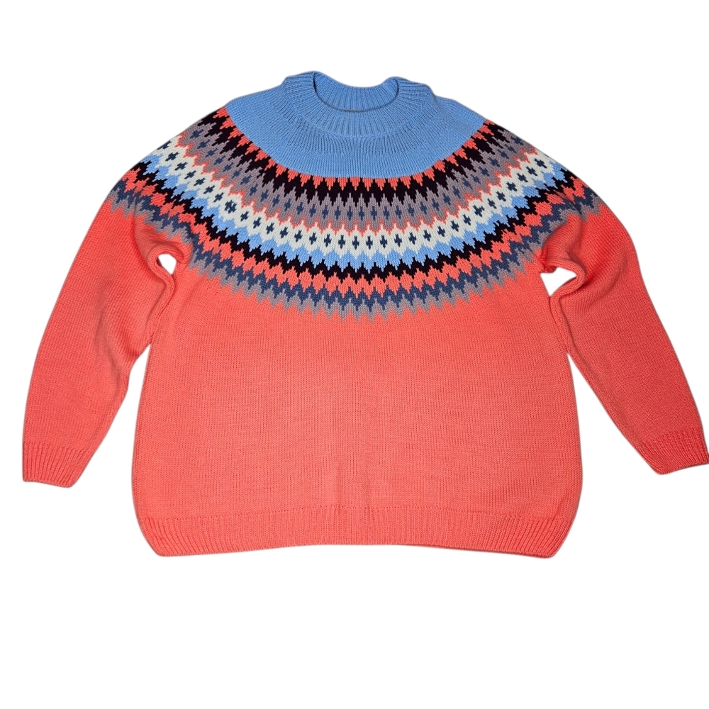 ASOS Coral/Blue Fair Isle Crew Neck‎ Sweater Sz 14 Nordic